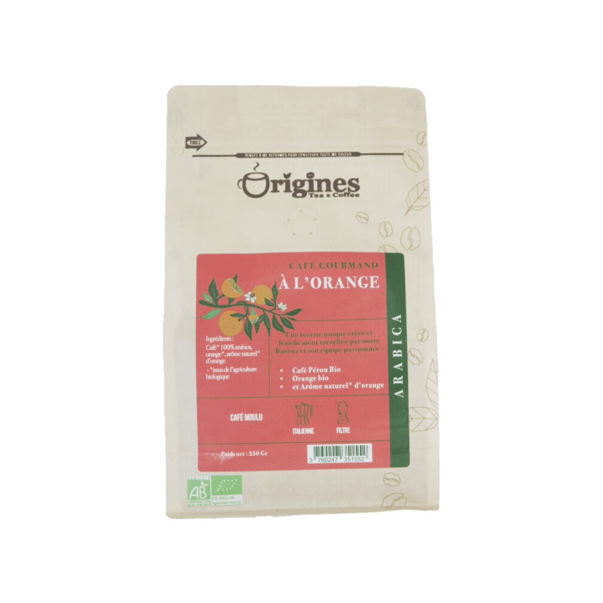 Café aromatisé Orange Gourmand BIO - Moulu 250g