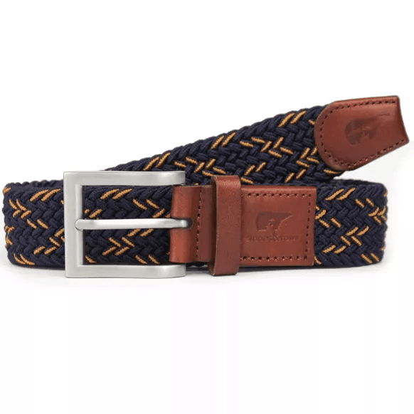 Elastische geweven riem in donker marineblauw en bruin, model Fabio, 105 cm