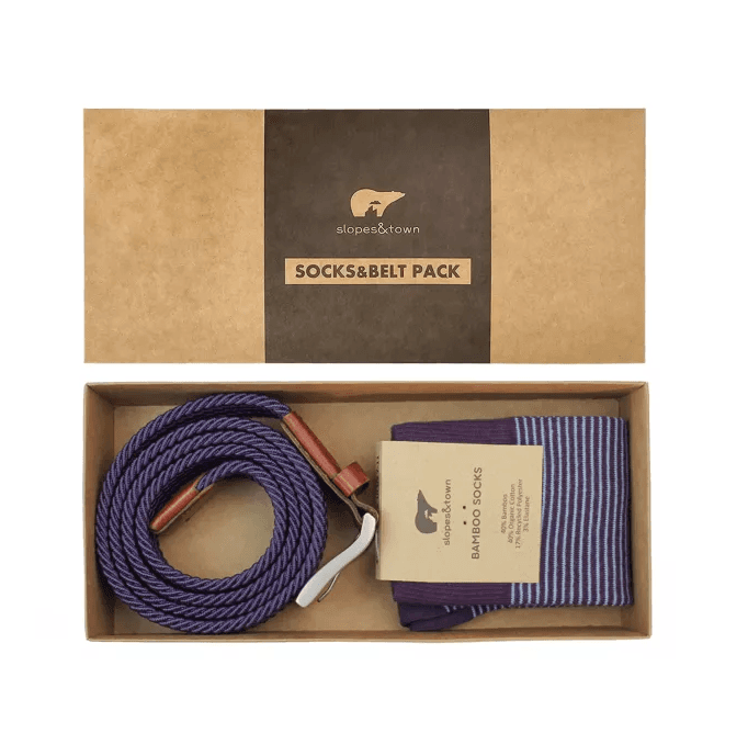 Coffret cadeau ceinture Bruce 105cm et chaussettes à rayures violettes 42-46