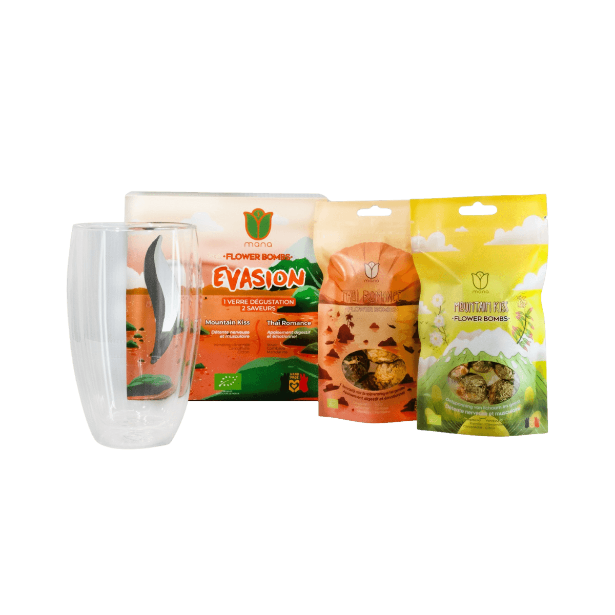 Cadeauset Pack Evasion – Thai Romance + Mountain Kiss + 1 glas