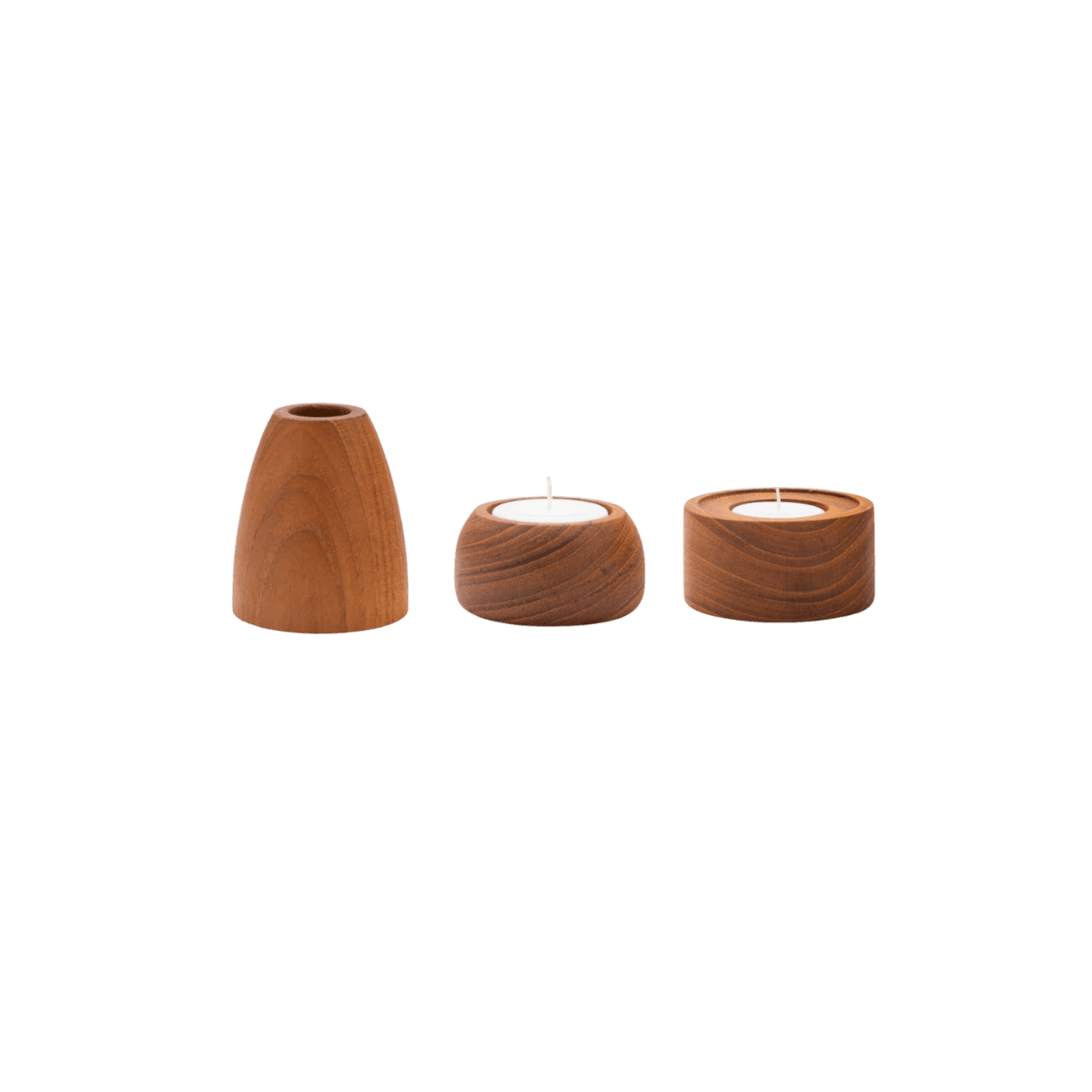 Lot de 3 bougeoirs en teck - T-LIGHT SOL, T-LIGHT PEBBLE & DINNER CANDLE CONICAL - Originalhome
