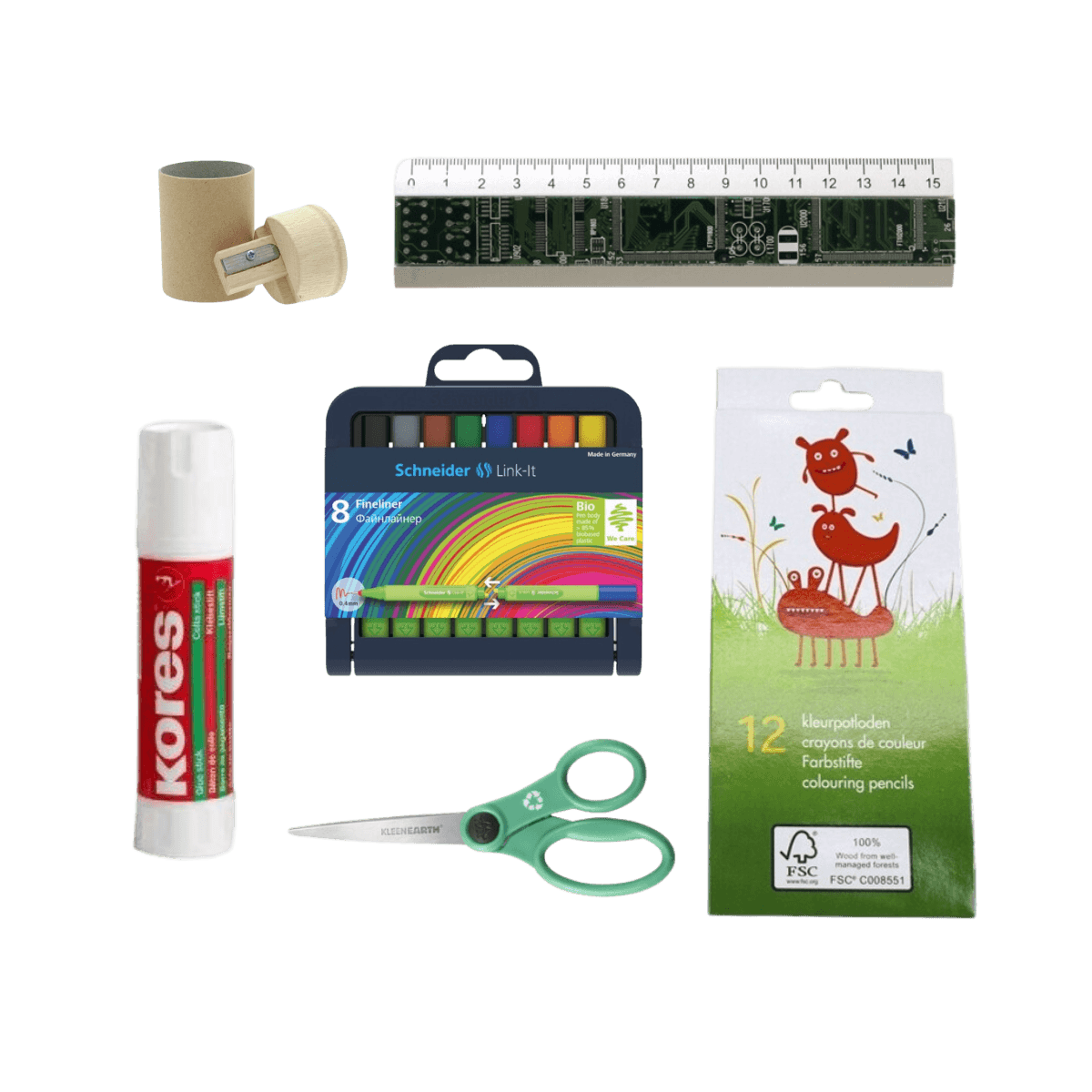 Pack rentrée scolaire : Latte 15cm, Ciseaux, Taille-crayons, Bâton de colle, 12 Crayons de couleur, Feutres 8 couleurs